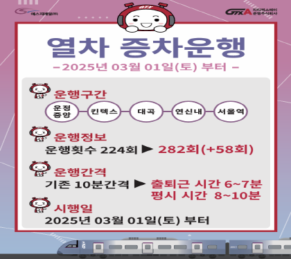 열차 증차 운행
2025년 3월1일 토 부터
운행구간
운정 중앙-킨텍스-대국-연신내-서울역
운행정보 
운행회수 224회 >282회 +58회
운행간격
기존 10분 간격 > 출퇴근시간 6~7분, 평시 8~10분
시행일 2025년 3월1일 토 부터