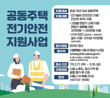 공동주택 전기안전 지원사업
지원대상 : 준공 15년 이상 공동주택
지원내용
- 전기설비 안전진단 지원 : 진단비 90% 지원
- 고효율 변압기 교체 지원 : 변압기 용량별 대당 320만원~1,180만원 지원
- UVR 이전(고압연계→저압연계) 설치 지원 : 단지당 100만원 ※연식무관
접수방법 : 온라인 접수
- 접수처 : 서울특별시 에너지정보 누리집(energyinfo.seoul.go.kr) ※ 에너지정보 누리집에서 공고문, 신청서식 등 확인가능
접수기간 : ‘25.2.27.(목) ~ 3.28.(금)
선정방법 : 시설 노후도, 공시가격 등 종합 평가 후 선정
문의 : 서울시 녹색에너지과(☎2133-3568)
