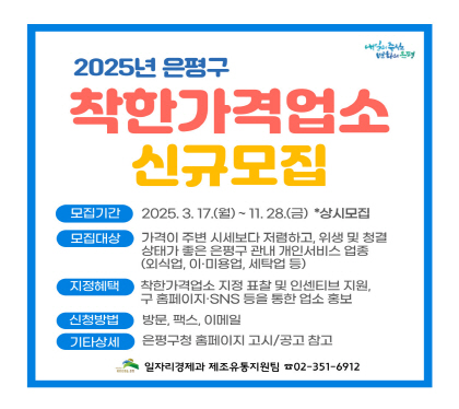 2025년 착한가격업소 신규 모집
모집기간 2025. 3.17.월 ~ 11.28.금 상시모집
모집대상 가격이 주변 시세보다 저렴하고, 위생 및 청결상태가 좋은 은평구 관내 개인서비스 업종
외식업 이미용업 세탁업 등
지정혜택 착한가격업소 지정 표찰 및 인센티브지원, 구홈페이지 SNS등을 통한 업소 홍보
신청방법 방문, 팩스, 이메일
기타상세 은평구홈페이지 고시/공고 참조
일자리경제과 제조유통지원팀 02-351-6912