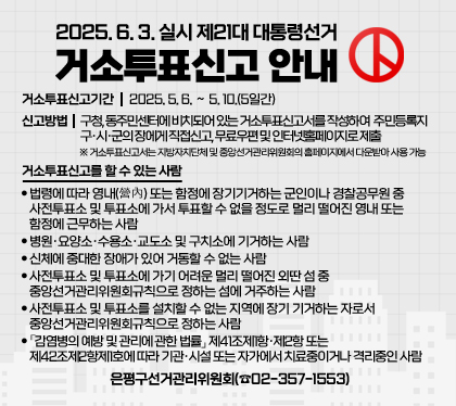 2025. 6. 3. 실시 제21대 대통령선거 거소투표신고 안내
거소투표신고기간 : 2025. 5. 6. ～ 5. 10.(5일간)
신고방법 : 구청, 동주민센터에 비치되어 있는 거소투표신고서를 작성하여 주민등록지 구․시․군의 장에게 직접신고, 무료우편 및 인터넷홈페이지로 제출
※ 거소투표신고서는 지방자치단체 및 중앙선거관리위원회의 홈페이지에서 다운받아 사용 가능
거소투표신고를 할 수 있는 사람
- 법령에 따라 영내(營內) 또는 함정에 장기기거하는 군인이나 경찰공무원 중 사전투표소 및 투표소에 가서 투표할 수 없을 정도로 멀리 떨어진 영내 또는 함정에 근무하는 사람
- 병원․요양소․수용소․교도소 및 구치소에 기거하는 사람
- 신체에 중대한 장애가 있어 거동할 수 없는 사람
- 사전투표소 및 투표소에 가기 어려운 멀리 떨어진 외딴 섬 중 중앙선거관리위원회규칙으로 정하는 섬에 거주하는 사람
- 사전투표소 및 투표소를 설치할 수 없는 지역에 장기 기거하는 자로서 중앙선거관리위원회규칙으로 정하는 사람
- 「감염병의 예방 및 관리에 관한 법률」 제41조제1항·제2항 또는 제42조제2항제1호에 따라 기관·시설 또는 자가에서 치료중이거나 격리중인 사람
은평구선거관리위원회(☎02-357-