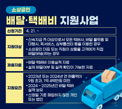 소상공인 배달·택배비 지원사업
신청기간 : 4. 21. ~
지원대상
- 신속지급 外 대상으로서 모든 택배사, 배달 플랫폼 및 대행사, 퀵서비스, 심부름센터 등을 이용한 경우
- 소상공인 대표 또는 직원이 상품을 고객에게 직접 배달(배송)하는 경우
제출자료
- 배달·택배비 이용실적 자료
- 실제 배달여부 및 실적 확인이 가능한 자료
지원요건
- 2023년 또는 2024년 연 매출액이 9원 초과, 1억 4백만원 미만
- 2024 ~ 2025년간 배달·택배 실적 보유
- 신청일 기준 폐업하지 않은 개인 또는 법인