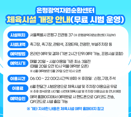 은평광역자원순환센터 체육시설 개장 안내(무료 시범 운영)
시설위치 : 서울특별시 은평구 진관동 37(※ 은평광역자원순환센터 지상부)
시설내역 : 축구장, 족구장, 관람석, 조명타워, 전광판, 부설주차장 등
예약방법 : 온라인 예약 및 결제(기본 2시간 단위 예약 가능, 조명시설 포함)
예약시기 : 매월 20일 ~ 시설 이용일 기준 최소 3일전 (매월 20일 오전 10시 익월 예약분 오픈) ※ 6월 예약분은 5월 29일 오전 10시 오픈 
이용시간 : 06:00 ~　22:00(2시간씩 8회) ※ 휴장일 : 신정,구정,추석
이용료 : 6월 한달간 시범운영으로 체육시설 및 주차장 이용요금 무료 ※ 추후 정식운영 시(7월) 사전에 체육시설 및 주차장 이용요금 등 안내 예정
예약승인 : 예약 홈페이지에서 예약완료 시 핸드폰으로 QR코드 전송,  QR코드로 시설 출입 가능
※ 기타 자세한 내용은 체육시설 예약 홈페이지 참고