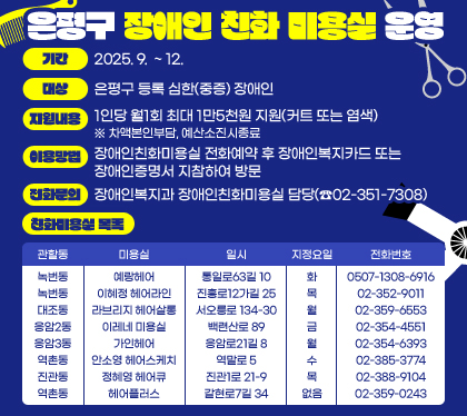 은평구 장애인 친화 미용실 운영
기간 : 2025. 9.  ~ 12.
대상 : 은평구 등록 심한(중증) 장애인
지원내용 : 1인당 월1회 최대 1만5천원 지원(커트 또는 염색) (※ 차액본인부담, 예산소진시종료)
이용방법 : 장애인친화미용실 전화예약 후 장애인복지카드 또는 장애인증명서 지참하여 방문
전화문의 : 장애인복지과 장애인친화미용실 담당(☎02-351-7308)