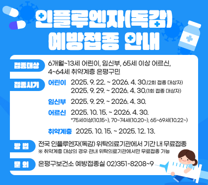 인플루엔자(독감) 예방접종 안내
접종대상: 6개월~13세 어린이, 임신부, 65세 이상 어르신, 4~64세 취약계층 은평구민
접종시기
– 어린이: 2025. 9. 22. ~ 2026. 4. 30.(2회 접종 대상자) / 2025.9.29. ~ 2026.4.30.(1회 접종 대상자)
– 임신부: 2025. 9. 29. ~ 2026. 4. 30.
– 어르신: 2025. 10. 15. ~ 2026. 4. 30. *75세이상(10.15~), 70~74세(10.20~), 65~69세(10.22~)
– 취약계층: 2025. 10. 15. ~ 2025. 12. 13.
장소: 전국 인플루엔자(독감) 위탁의료기관에서 기간 내 무료접종 ※ 취약계층 대상의 경우 관내 위탁의료기관에서만 무료접종 가능
문의: 은평구보건소 예방접종실 02)351-8208~9