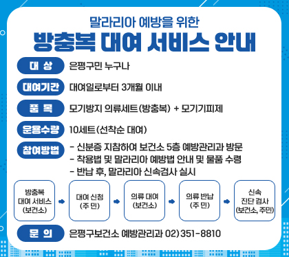 말라리아 예방을 위한 방충복 대여 서비스 안내
대상 : 은평구민 누구나
대여기간 : 대여일로부터 3개월 이내
품목 : 모기방지 의류세트(방충복) + 모기기피제
운용수량 : 10세트(선착순 대여) 
참여방법
- 신분증 지참하여 보건소 5층 예방관리과 방문
- 착용법 및 말라리아 예방법 안내 및 물품 수령
- 반납 후, 말라리아 신속검사 실시
방충복 대여 서비스(보건소) → 대여 신청(주 민) → 의류 대여(보건소) → 의류 반납(주 민) → 신속 진단 검사(보건소, 주민)
문의: 은평구보건소 예방관리과 02)351-8810