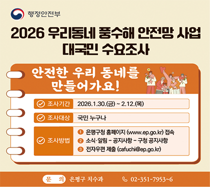 026년 우리동네 풍수해 안전망 사업 수요조사

○ 사업내용: 소규모 석축·옹벽, 배수로, 토석류·낙석방지시설 설치 등
○ 사업대상: 3大 피해유형(산사태·하천·지하공간) 중심 취약지역 발굴
- (대상지 선정) 지역 사정을 가장 잘 알고 있는 주민들이 거주지 내 풍수해 사각지대나 예방시설이 필요한 위험지역을 직접 발굴·추천
※ 단, 특정 개인·단체 사유지, 토지보상이 수반되거나 관련 법령에 따라 지정·고시된 지역, 시설 유지·보수사업(배수펌프장 예외) 등은 제외
○ 사업규모: 개소당 100백만원 이내
○ 선정기준: 산사태·하천재해·지하공간 침수 등 주요 피해유형 취약지역 발굴, 우기 전 사업완료 가능성·적정성 등 고려해 대상지 선정
○ 선정절차: 구청 소관부서 검토 → 서울시 2차 검토 → 행정안전부
○ 접수기간: 2026.01.30.(금) ~ 02.13.(금)
○ 제출서류: ①서식1(추천서), ②서식2(개인정보 동의서 스캔본)
○ 제 출 처: 은평구청 5층 치수과
○ 제출방법: 팩스(☎02-351-5678), 이메일(cafuchi@ep.go.kr), 방문(치수과)
○ 문 의: 은평구청 치수과(☎02-351-7953~6)