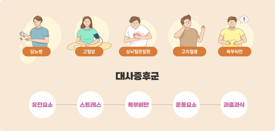 당뇨병, 고혈압, 심뇌혈관질환, 고지혈증, 복부비만. 대사증후군(유전요소, 스트레스, 복부비만, 운동요소, 과음과식) 